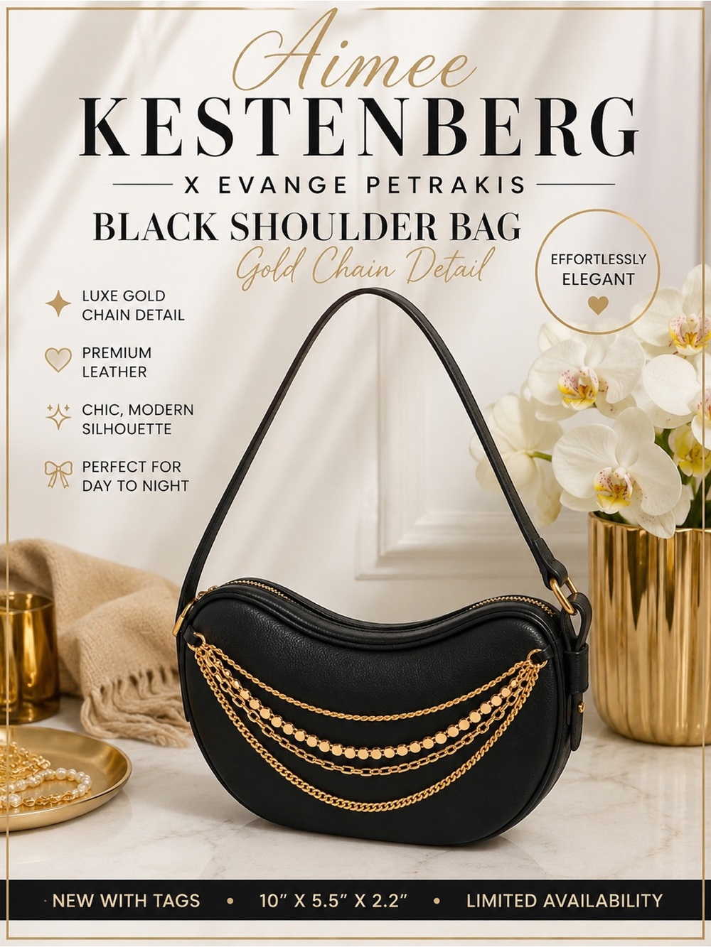 Aimee KESTENBERG X Evange Petrakis Black Shoulder Bag - Gold Chain Detail NWT